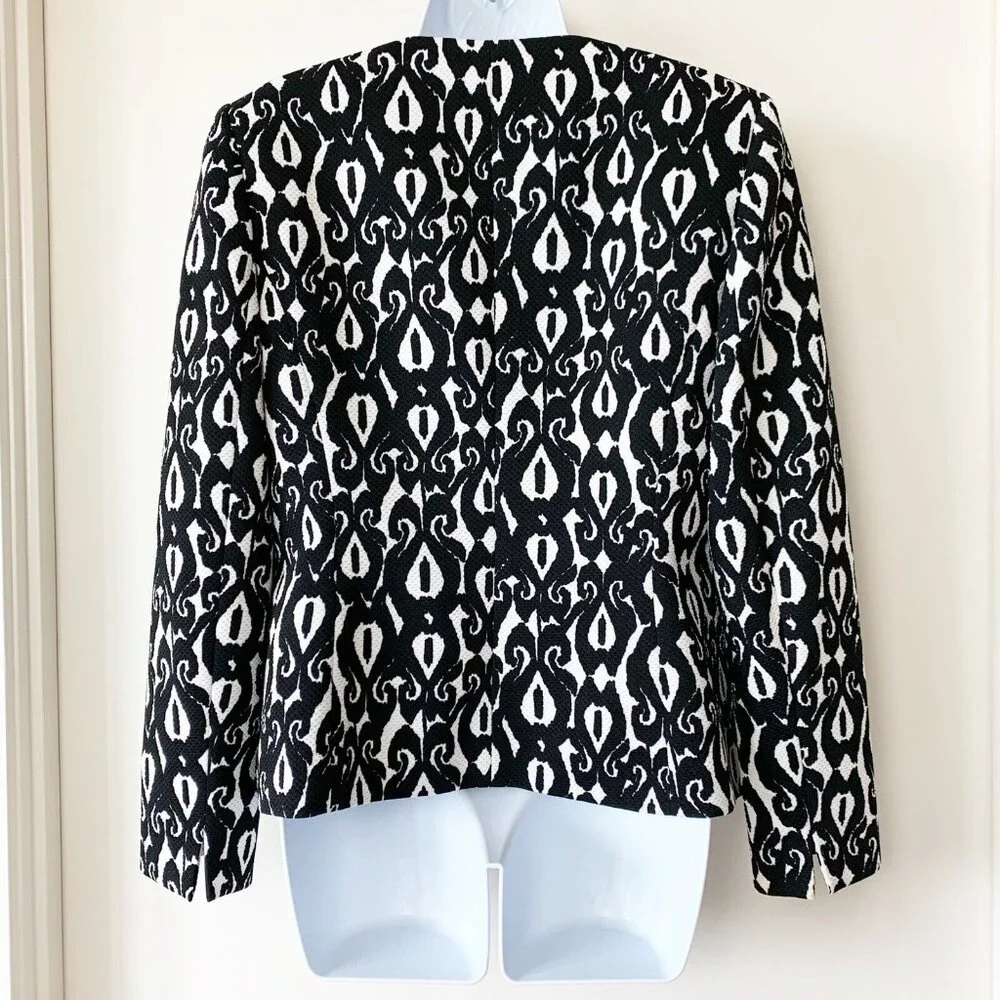 Kasper Suit Jacket Blazer Black & White Print‎ Open Front Women's Size 8